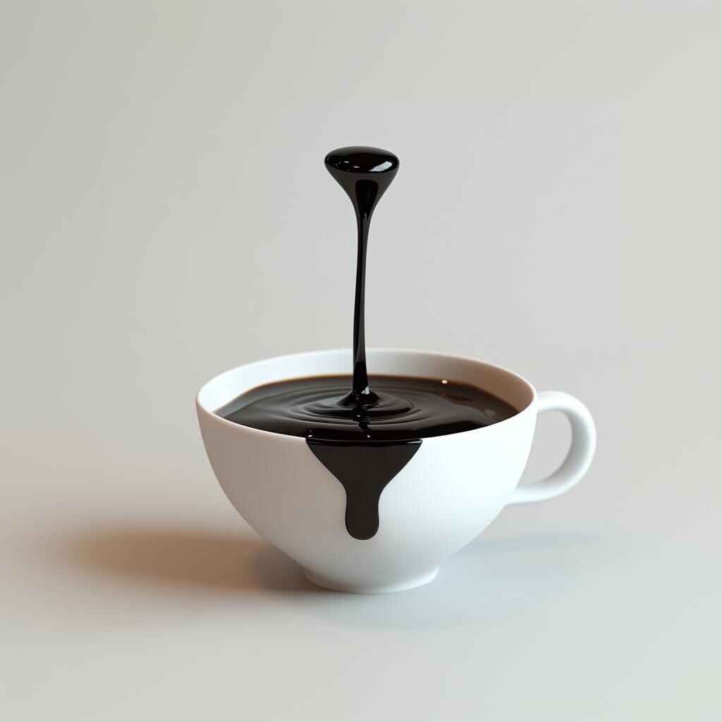 3D printed floating coffee drop sculpture in a white cup, showcasing a realistic coffee drip effect.