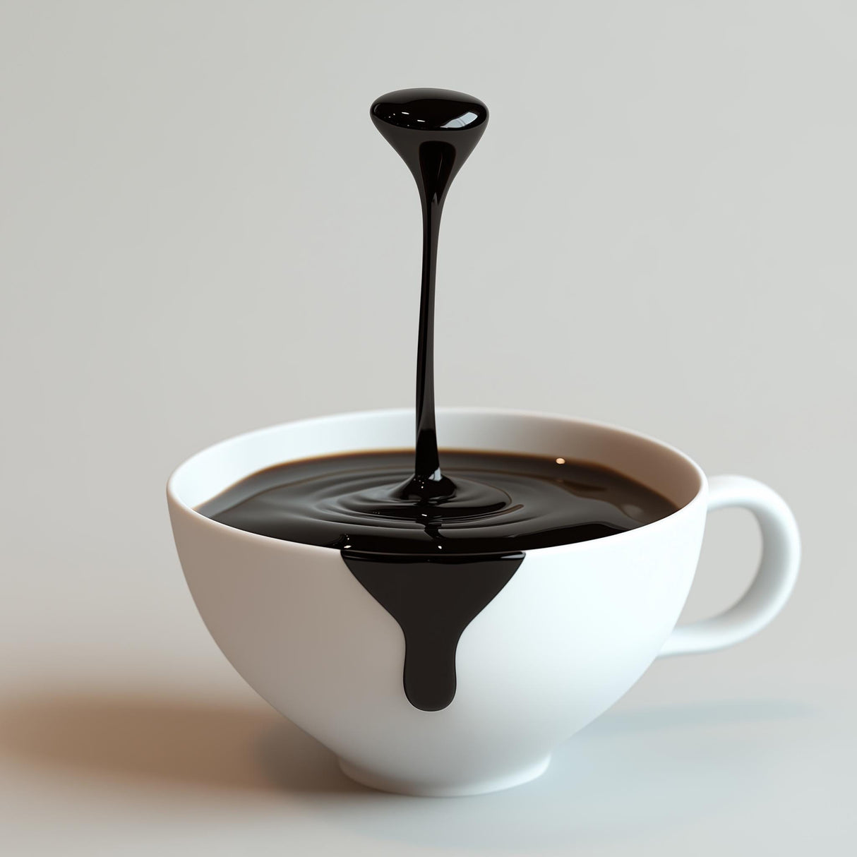 3D printed floating coffee drop sculpture with optical illusion coffee art in a white cup