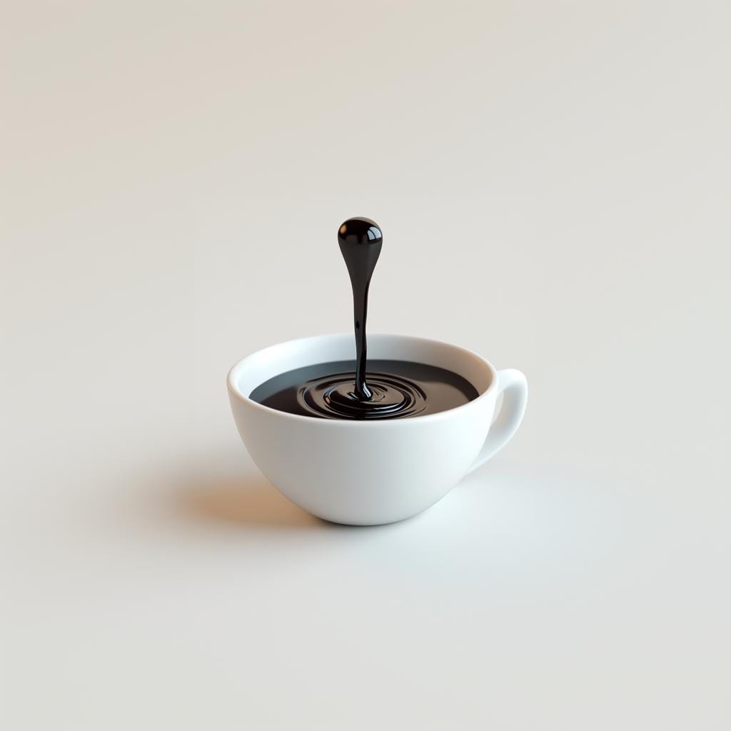 3D printed coffee drop sculpture in a white cup creating an optical illusion, modern coffee art for home decor.