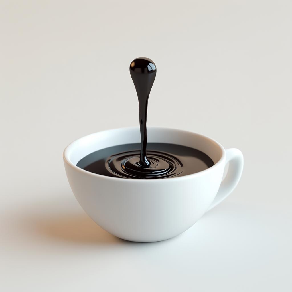 3D printed coffee drop sculpture in a white cup creating an illusion of a floating drop.