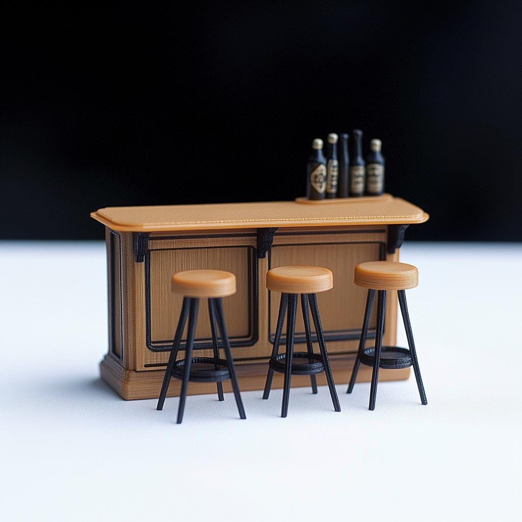 Miniature bar counter set with three stools and bottles, perfect for dollhouse or diorama pub scenes.