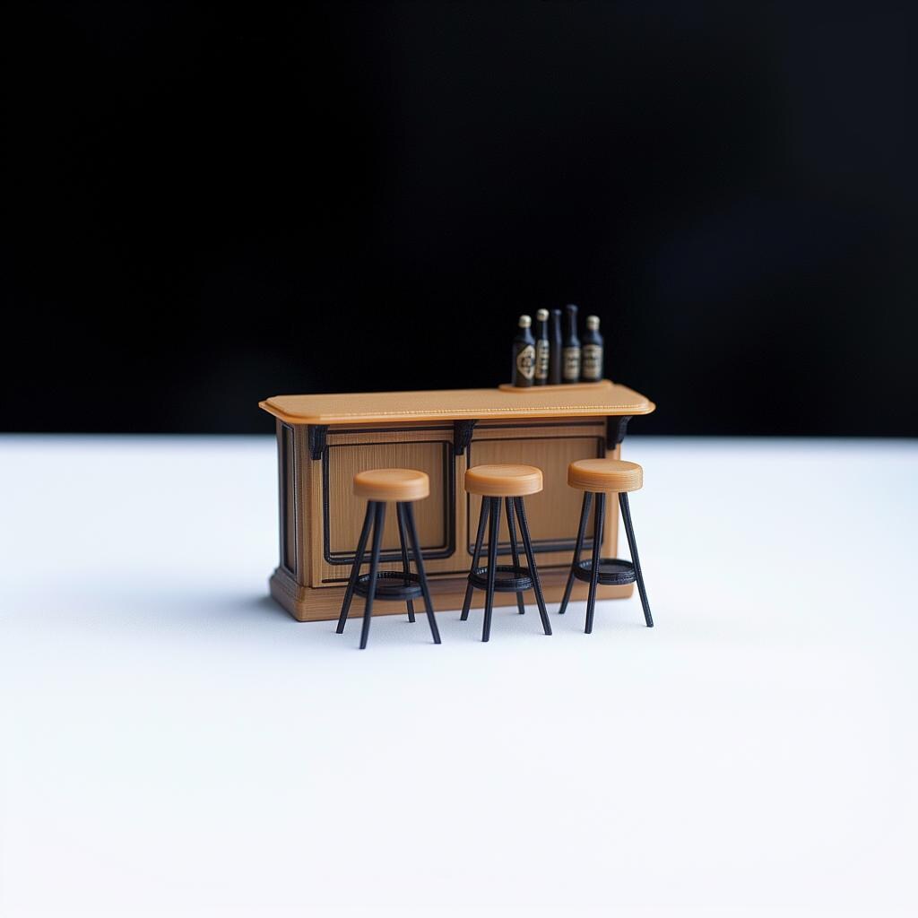 Miniature bar counter set with three stools, perfect for dollhouse or diorama scenes.