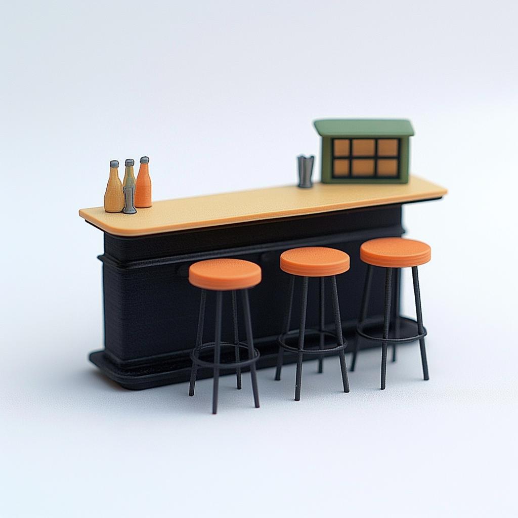 Miniature bar counter set with orange stools and bottles, perfect for dollhouse kitchen decor.