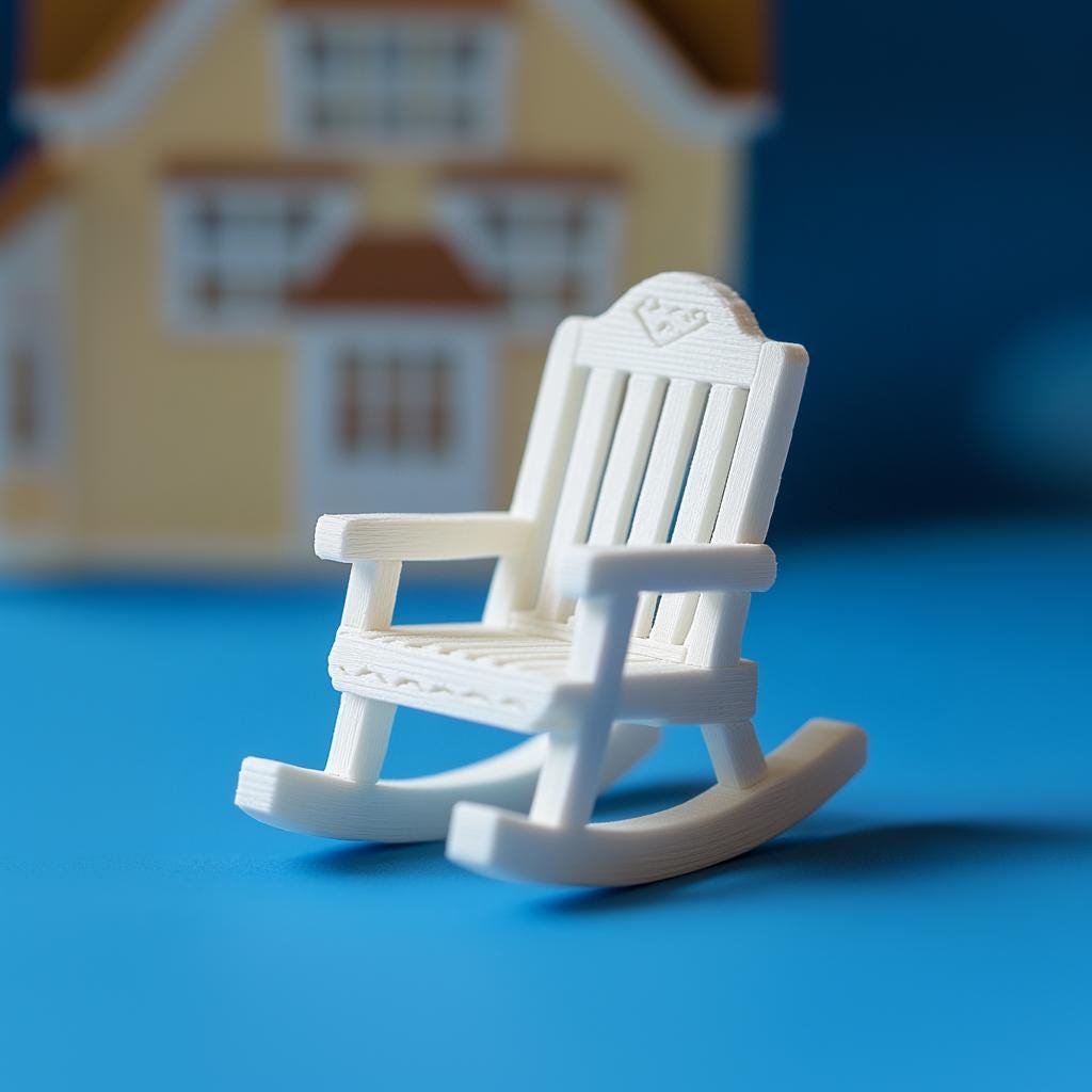 3D printed miniature rocking chair in white, designed for 1:12 scale dollhouse furniture. Classic wooden slat style.