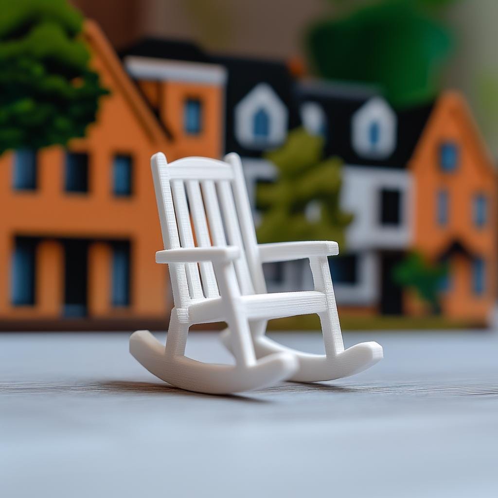 3D printed miniature rocking chair in white for dollhouse decor, featuring a slatted backrest and authentic design.