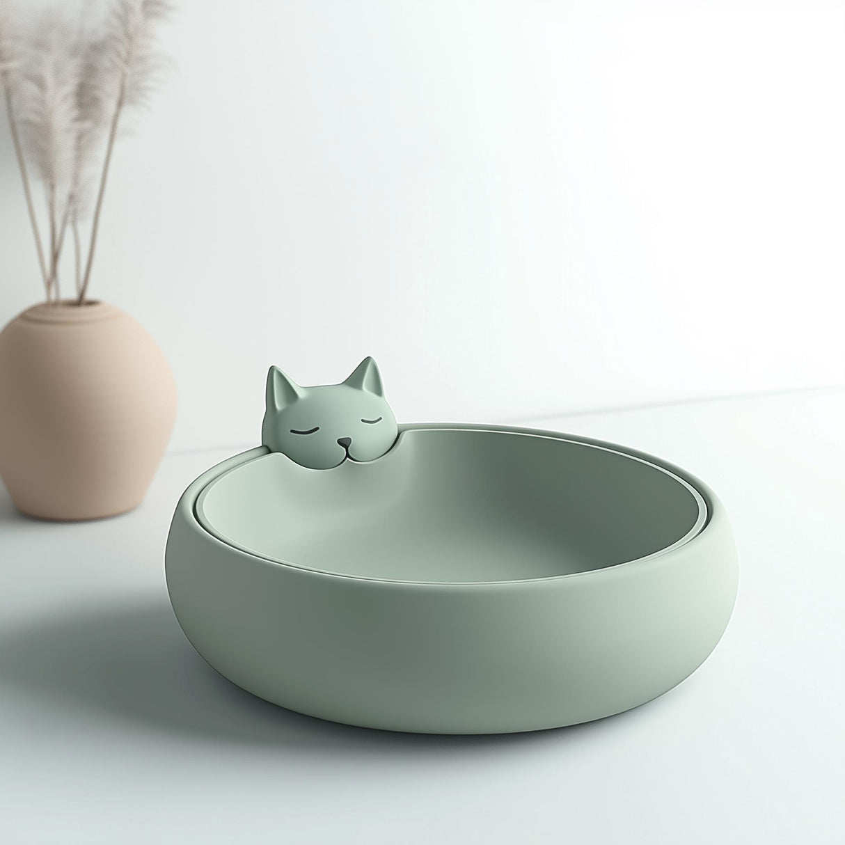 3D printed cat bowl with minimalist design, featuring a sleeping cat head and modern style for pet feeding.
