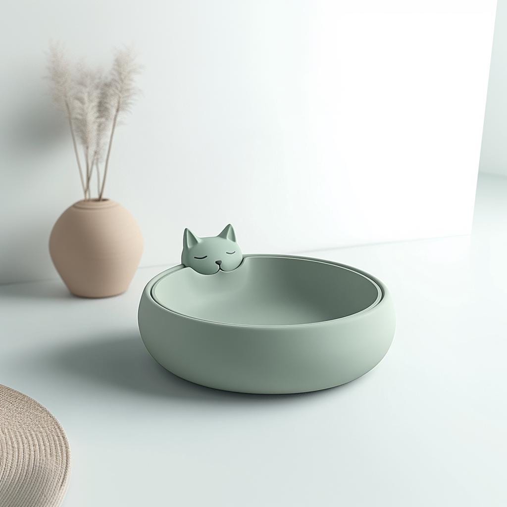 Cute 3D printed cat bowl in mint green, featuring a minimalist sleeping cat design, perfect for pet feeding.
