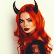 Model with vibrant red hair wearing black devil horns, showcasing a gothic cosplay aesthetic.