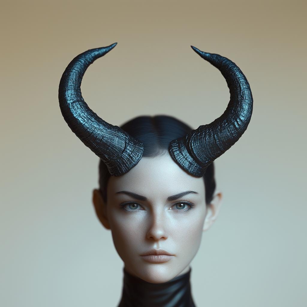 3D printed curved horns headpiece on model, ideal for fantasy cosplay and gothic costumes.