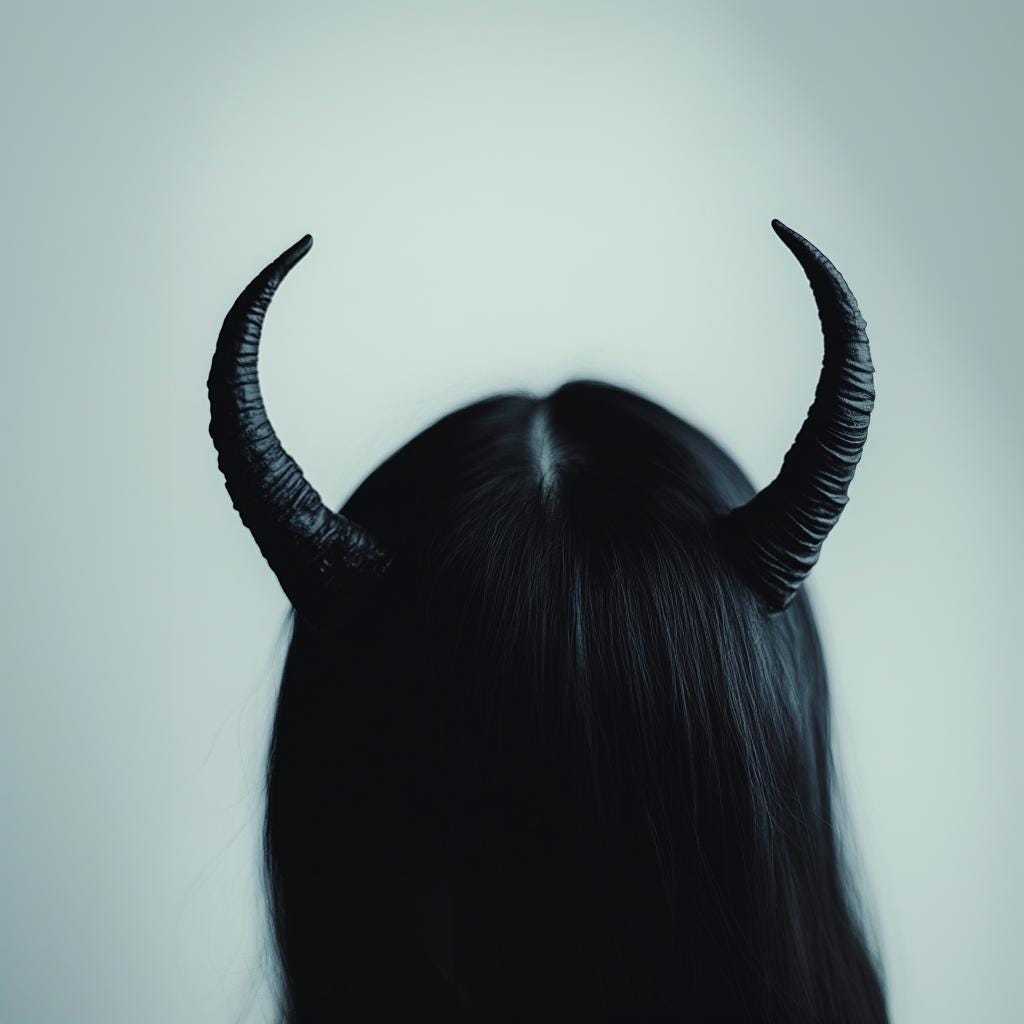 Small black demon horns on a person's head, perfect for cosplay or Halloween costumes.