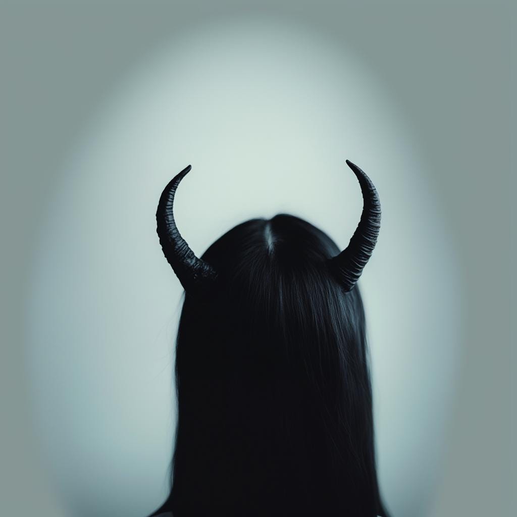 Small black demon horns on a person with long dark hair, suitable for cosplay and gothic fashion.