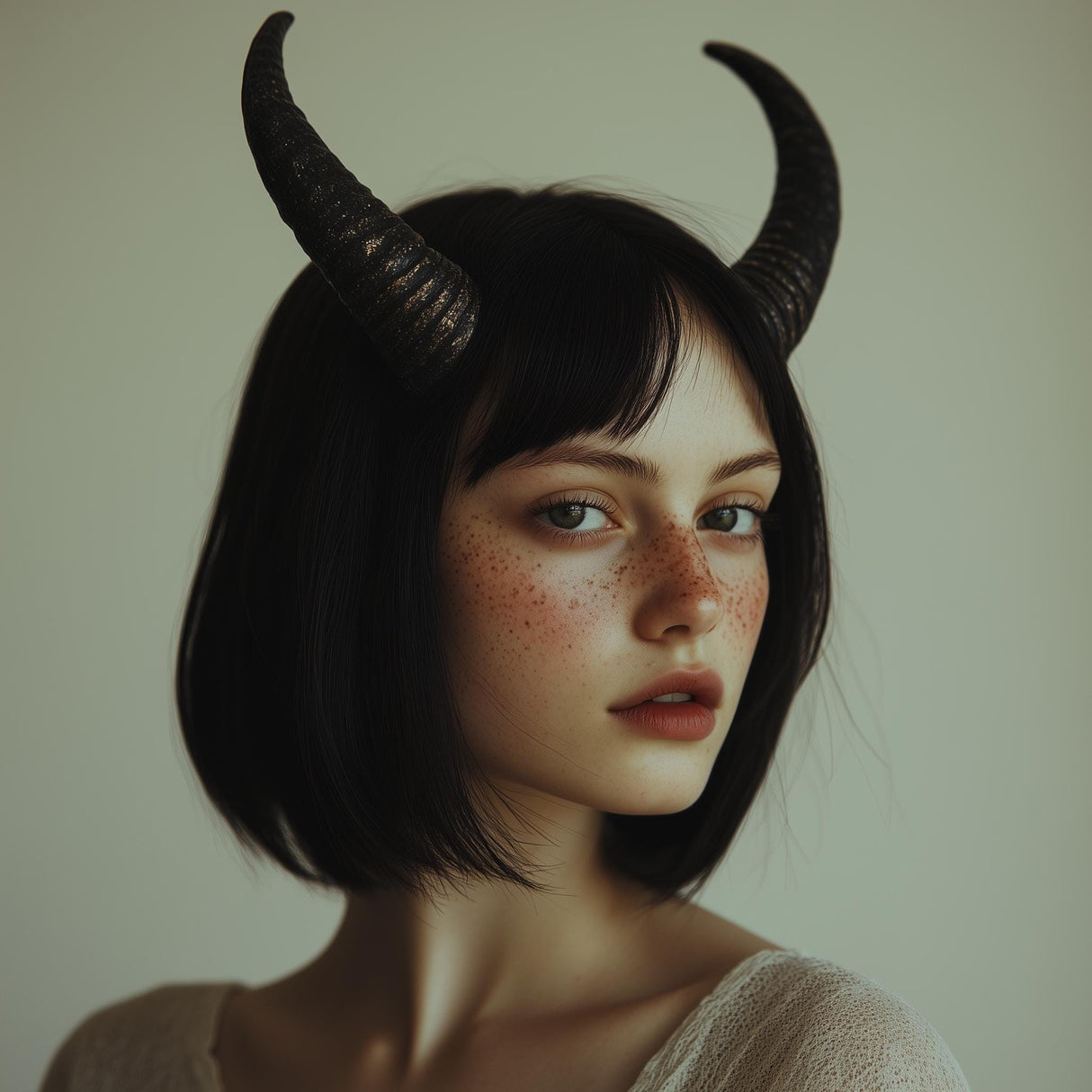 Model wearing 3D printed subtle demon horns, showcasing a gothic fantasy look with elegant curves.