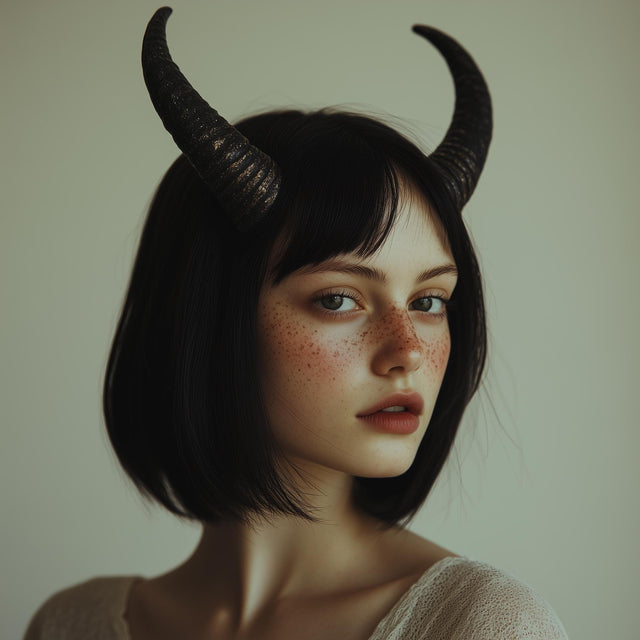 Model wearing 3D printed subtle demon horns, showcasing a gothic fantasy look with elegant curves.