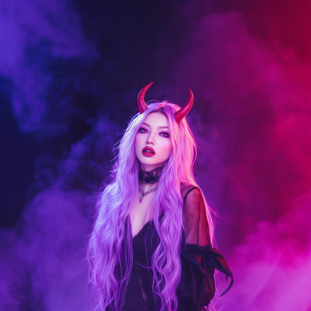 Model wearing 3D printed demon horns in a mystical setting with colorful smoke background.