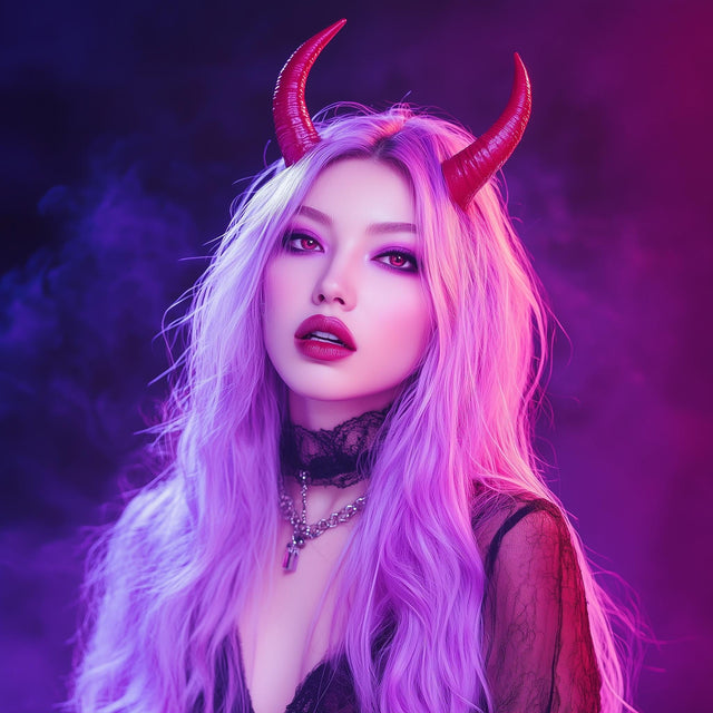 Model wearing 3D-printed demon horns with purple hair, showcasing gothic style and fantasy aesthetics.