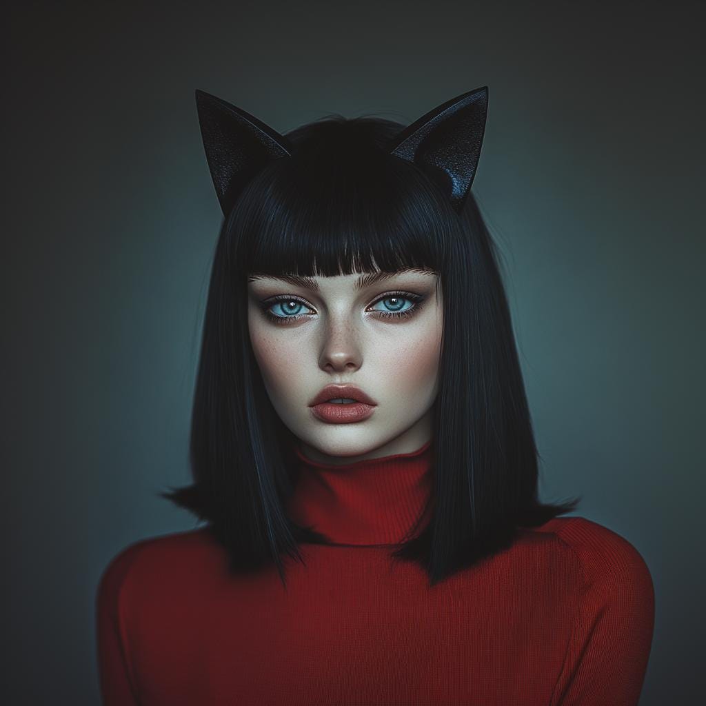 Model with sleek black hair wearing a cat ears headband in a gothic style outfit.
