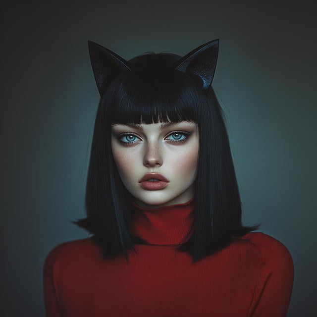 Model with sleek black hair wearing a cat ears headband in a gothic style outfit.