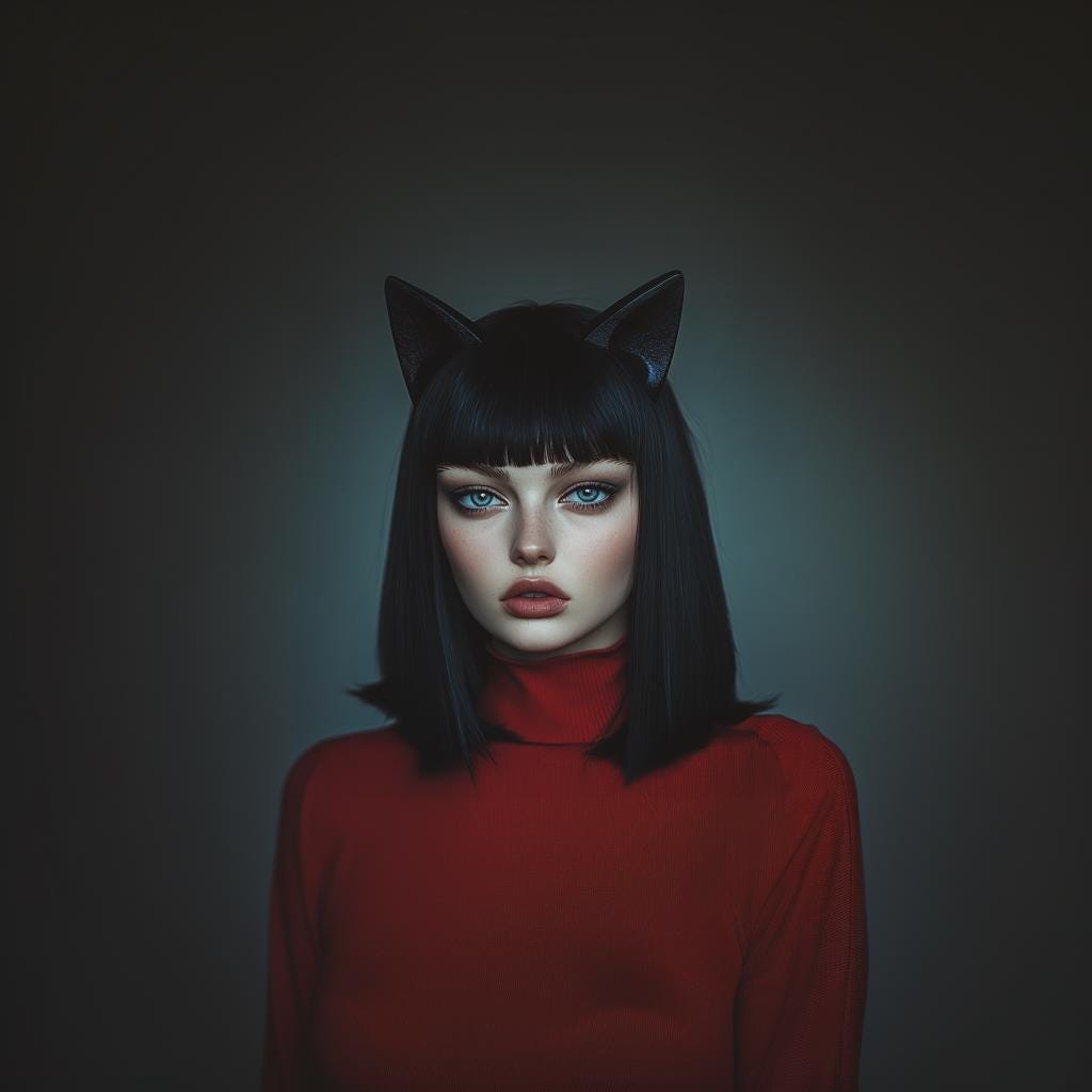 Model wearing a black cat ears headband with a sleek hairstyle and red top against a dark background.