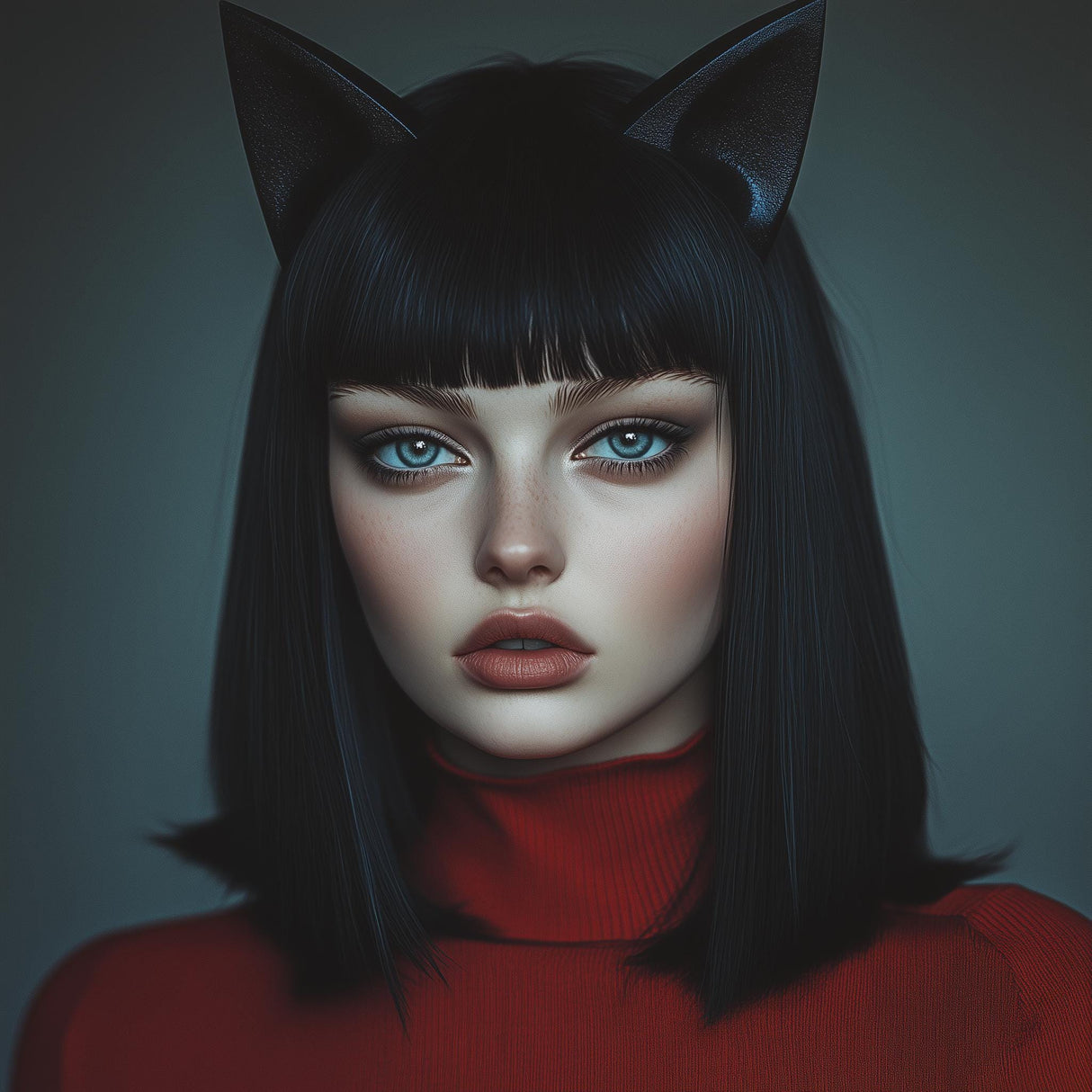 Model wearing a black cat ears headband, showcasing a gothic-inspired look with striking makeup.