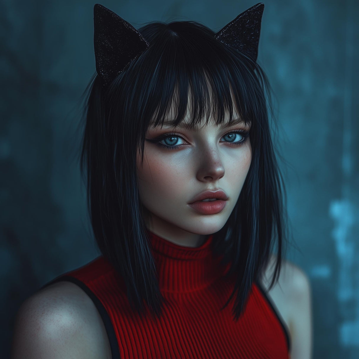 Model wearing gothic cat ears headband, showcasing a stylish feline-inspired look.