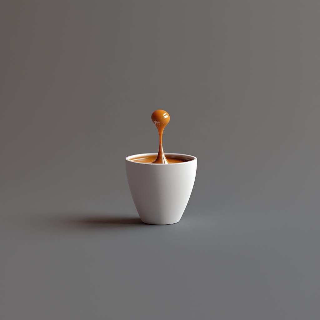 Floating coffee drop sculpture in a white cup, capturing the essence of espresso macchiato art.