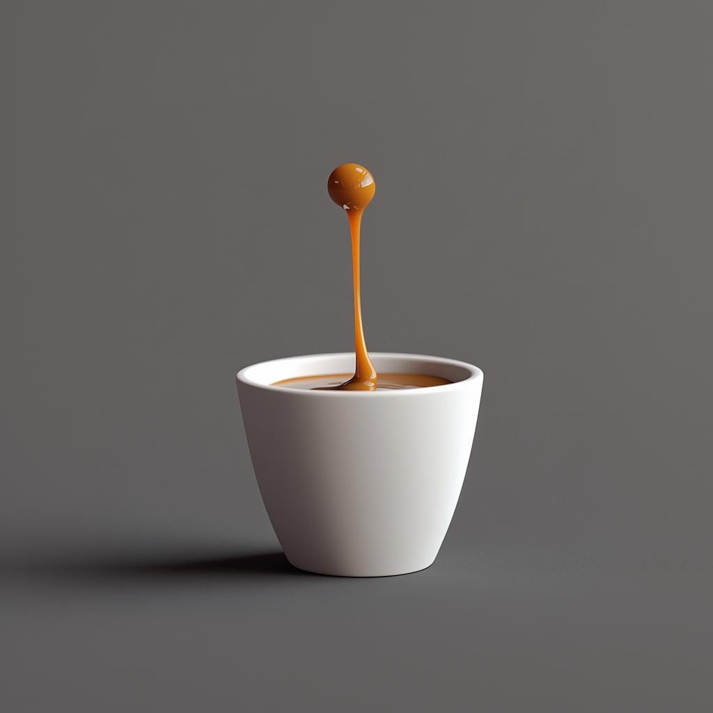 Floating espresso macchiato drop sculpture in a white cup, showcasing modern coffee art.