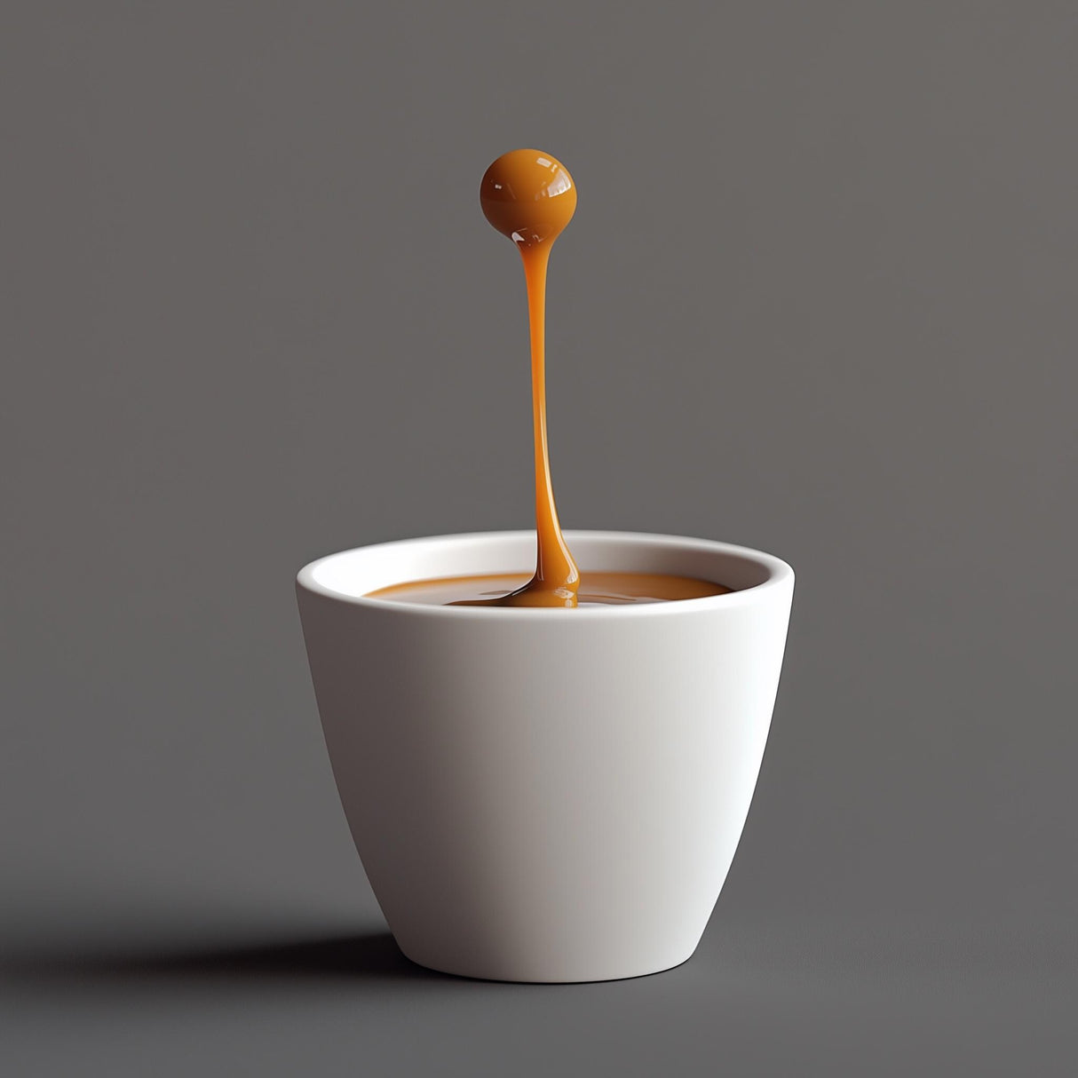 3D-printed floating espresso macchiato drop sculpture in a minimalist white cup.