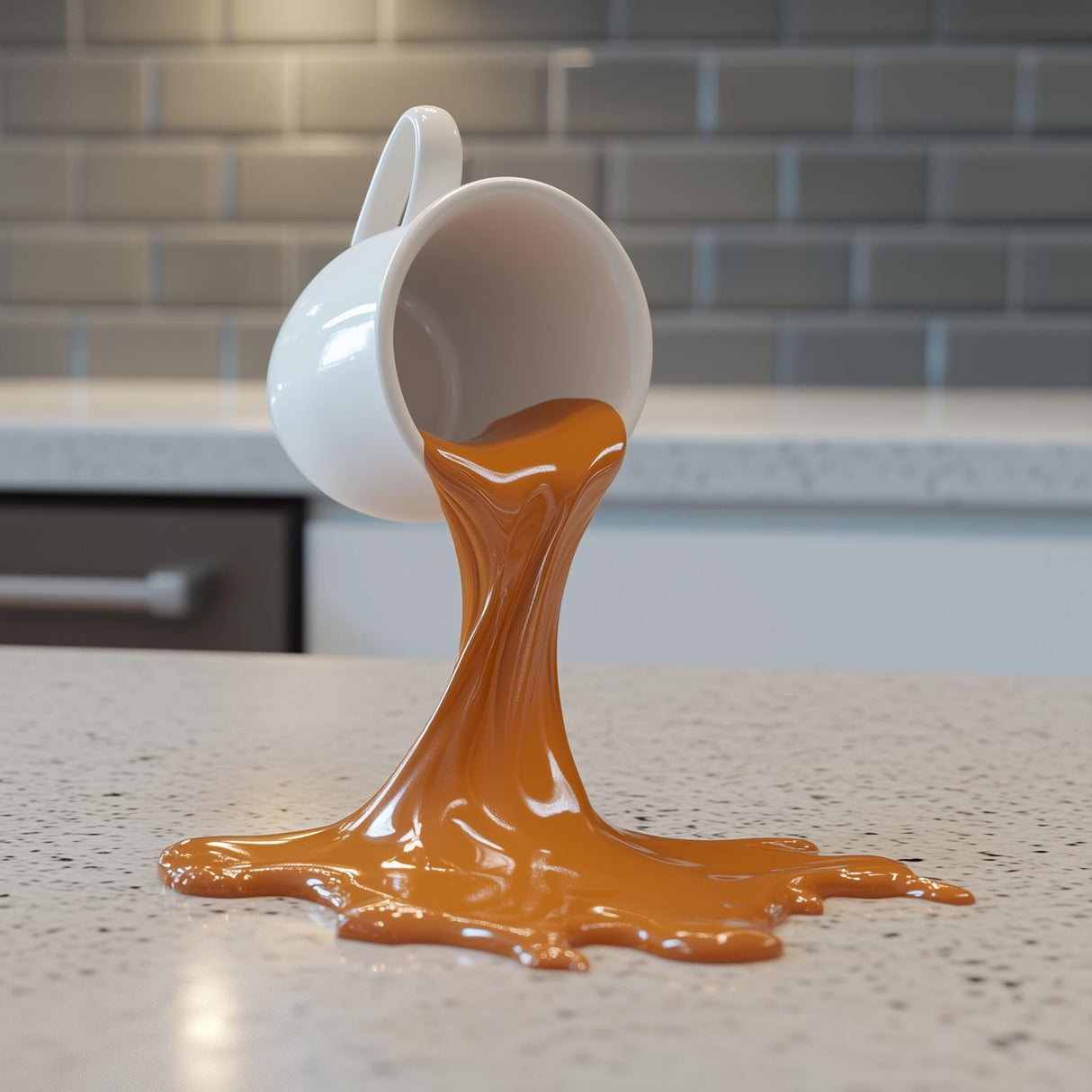 3D printed spilled espresso macchiato cup sculpture with cascading coffee, perfect for coffee lovers and kitchen decor.