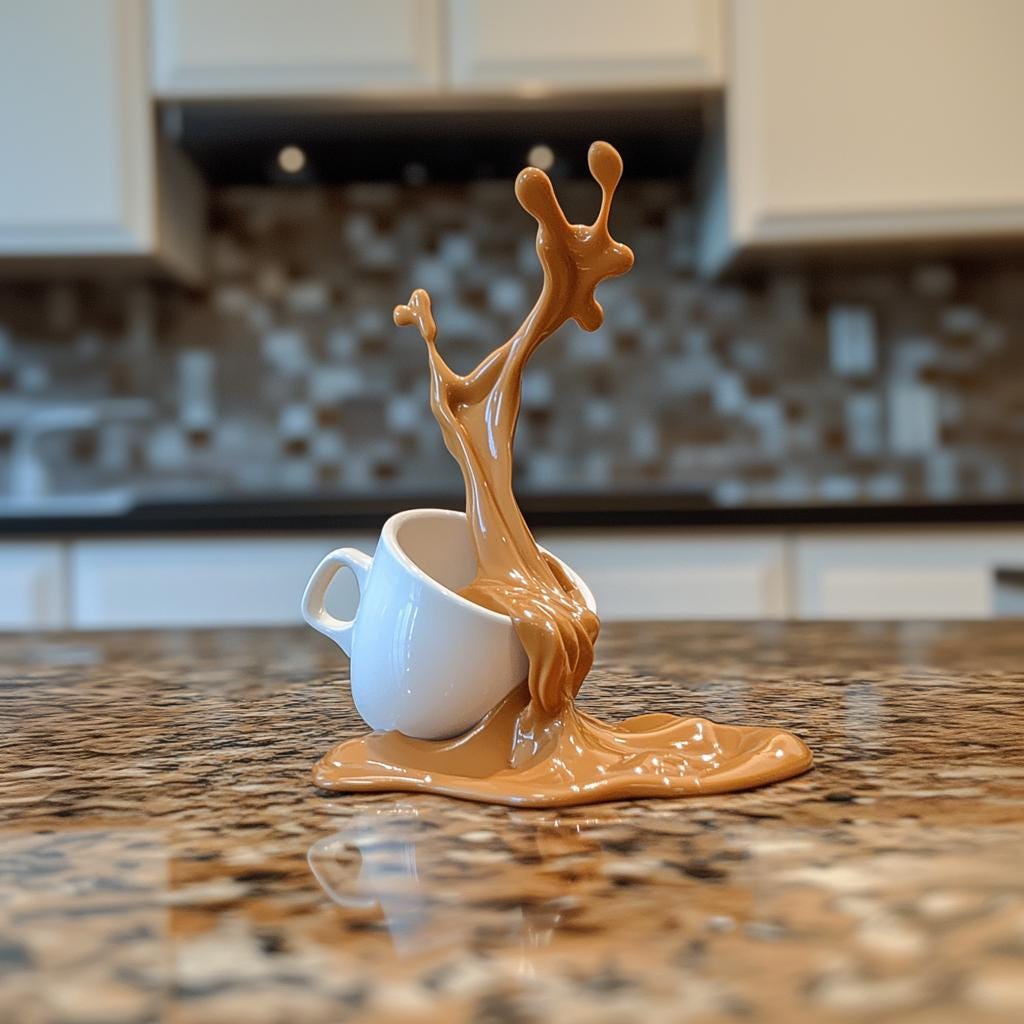 3D-printed spilled coffee cup sculpture with espresso splash on kitchen counter.