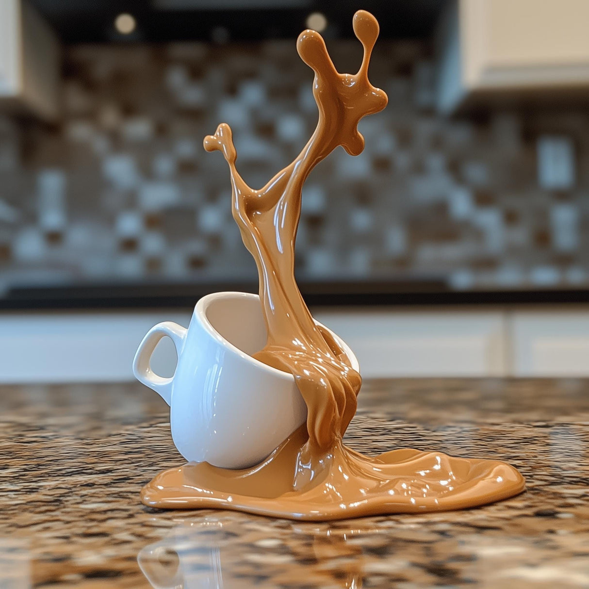 3D-printed spilled coffee cup sculpture with espresso splash on a kitchen countertop.