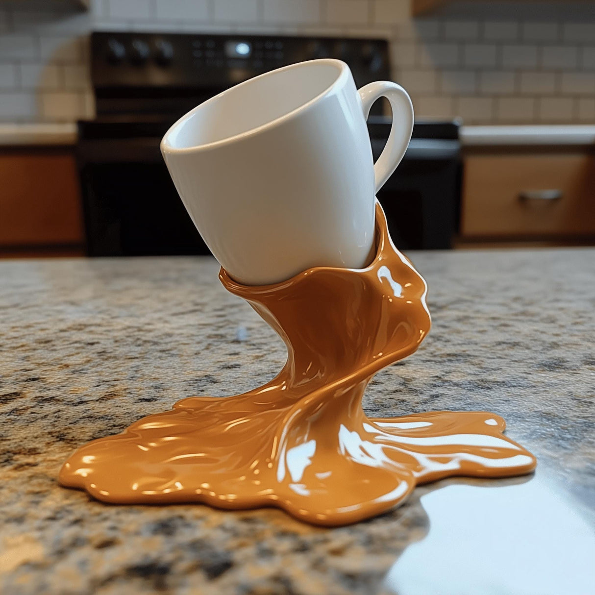 3D printed coffee cup holder with realistic spilled coffee effect on countertop, perfect unique kitchen decor.