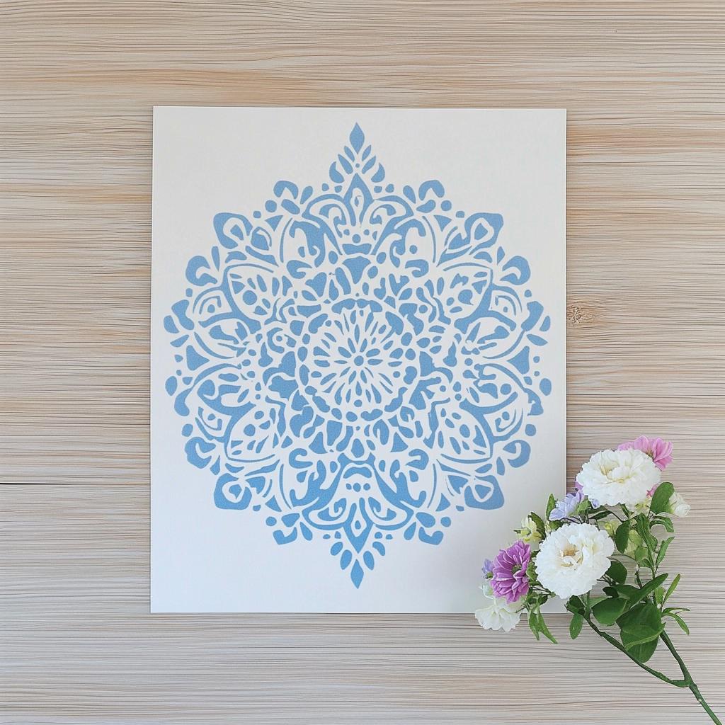 Light blue mandala stencil design on white background with flowers.