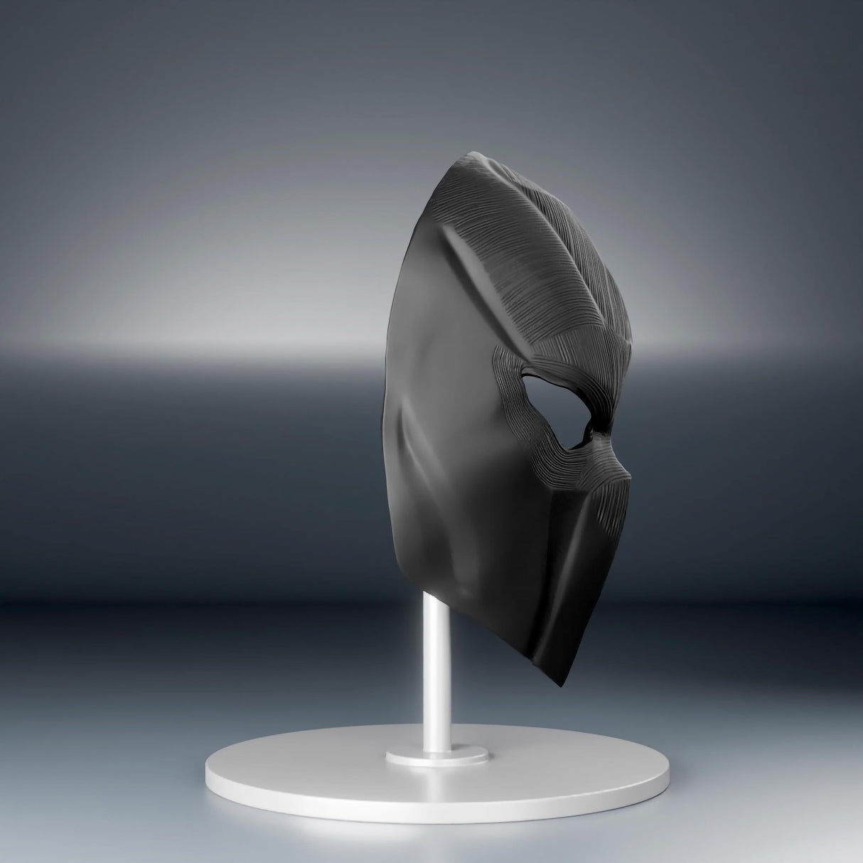 Futuristic black 3D printed tactical face mask displayed on a stand, ideal for cosplay and costume events.