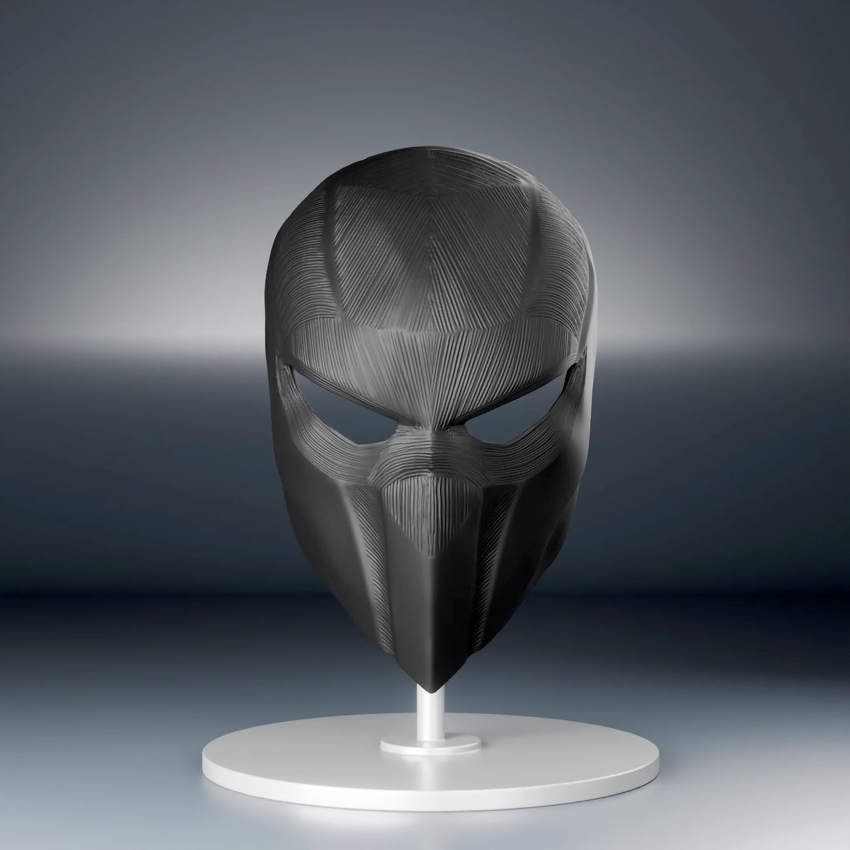 Futuristic tactical face mask displayed on a stand, featuring a sleek black 3D printed design with sharp detailing.