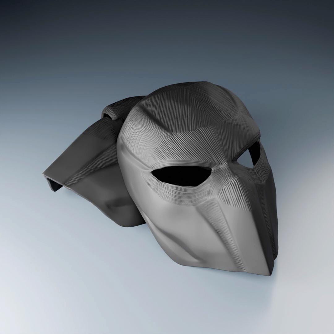 Futuristic black 3D printed tactical face mask designed for cosplay and costume events.