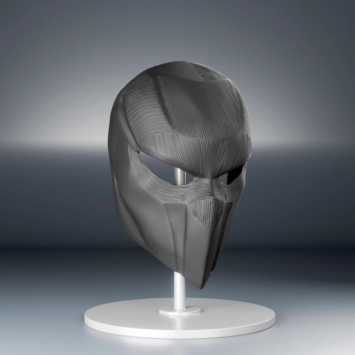 Futuristic black 3D printed tactical face mask displayed on a stand, showcasing intricate details and modern design.