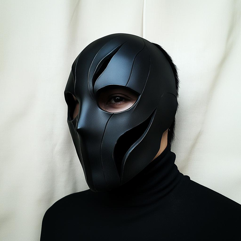 Black tactical face mask on a model, showcasing angular cutouts and a matte finish for cosplay or Halloween.