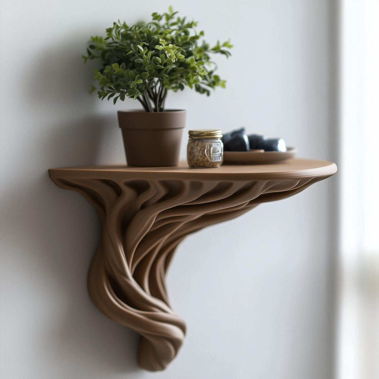 Tree root-inspired floating shelf with a plant, jar, and decorative items in a modern indoor setting.