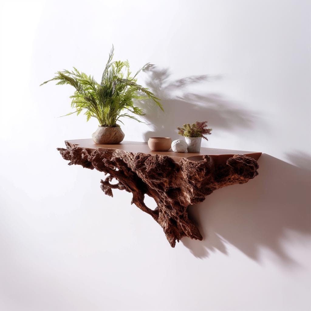 Rustic tree root wall shelf with plants, showcasing nature-inspired decor for a warm, earthy home accent.