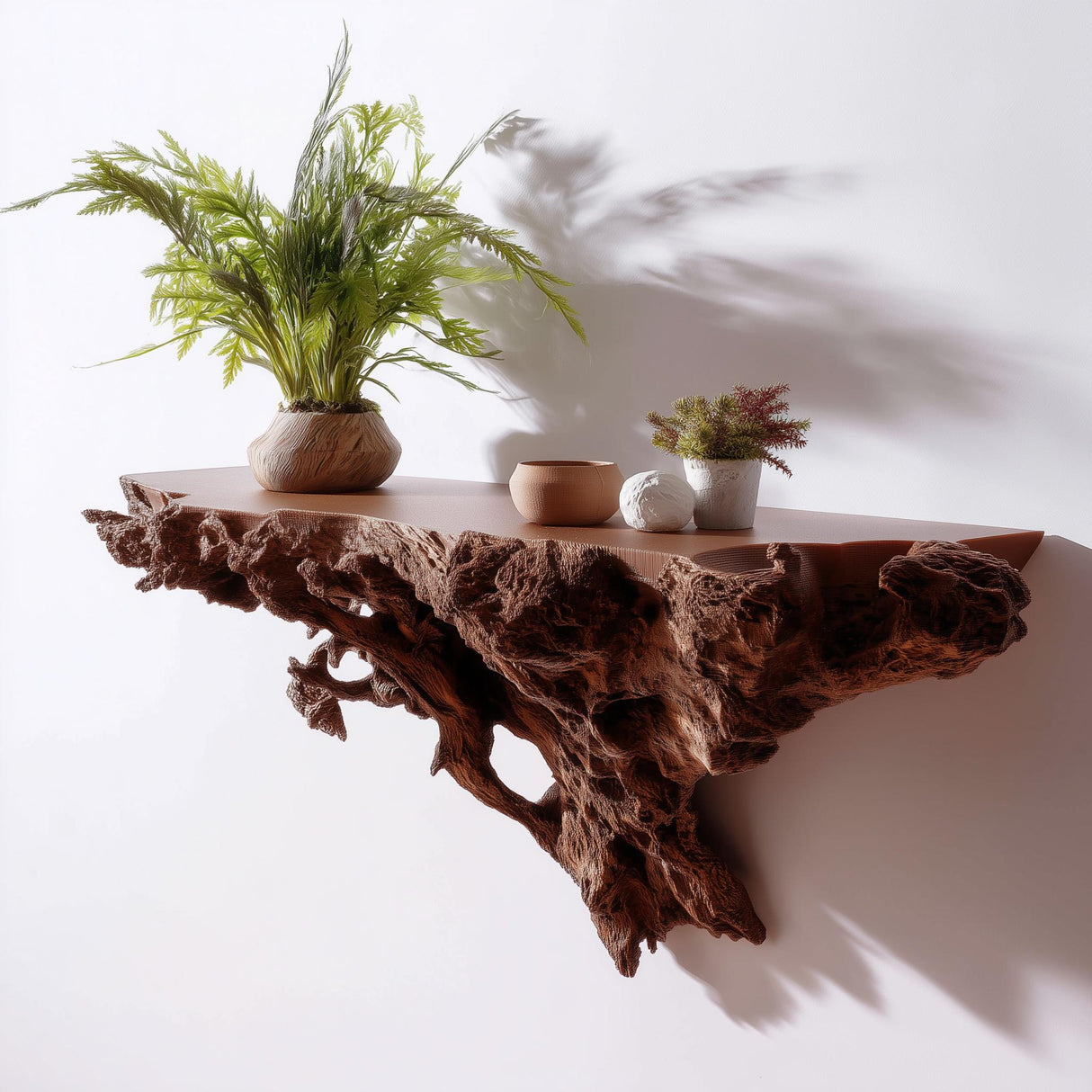 Tree root floating shelf with plants, adding rustic charm and nature-inspired decor to interiors.