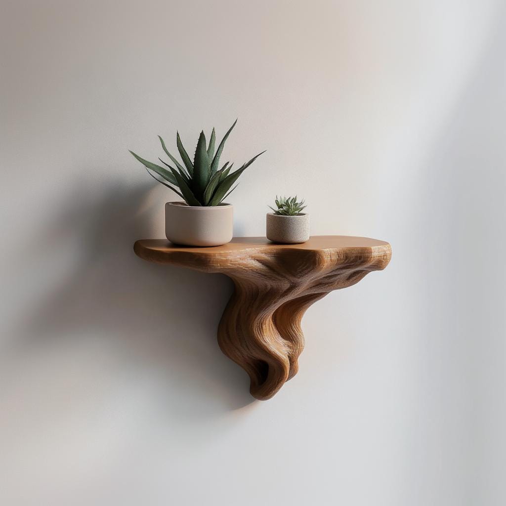Tree root wall shelf featuring two potted plants, adding organic elegance to modern home decor.