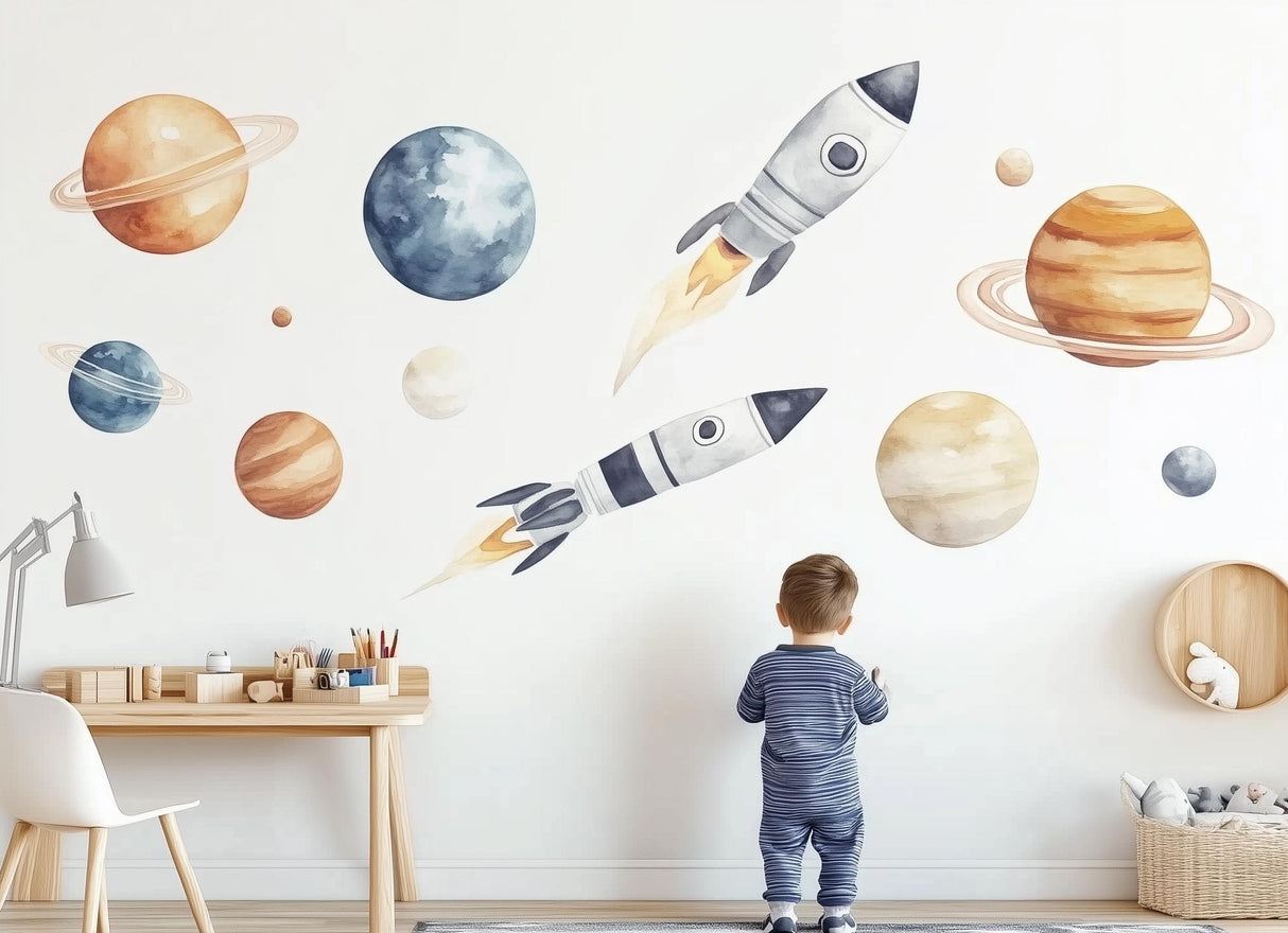 Rocket Space Wall Decals for Kids | Watercolor Planet Wall Stickers | Nursery Outer Space Decor | Removable Celestial Mural for Boys Room