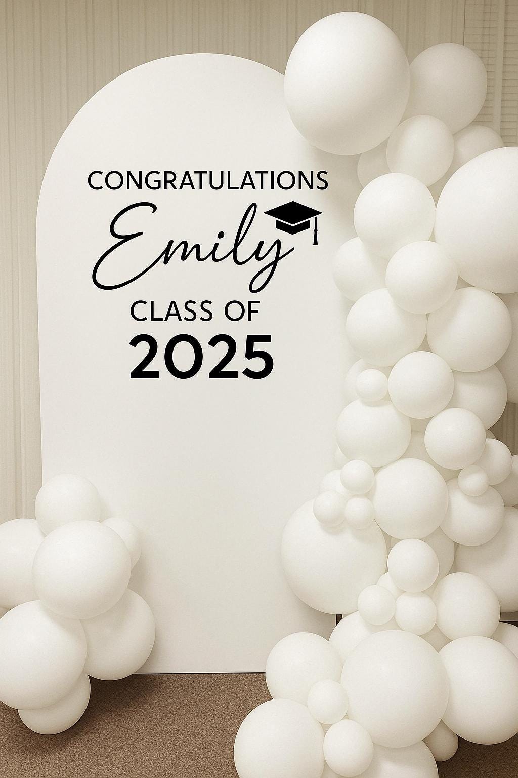 Personalized graduation decal for Emily, Class of 2025, featuring balloons for a stylish party backdrop.