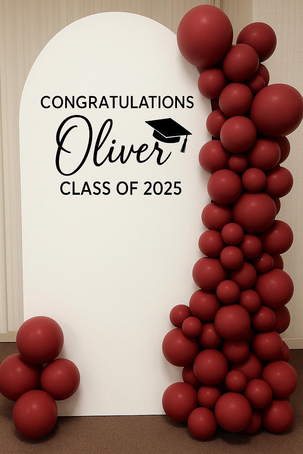 Personalized graduation backdrop for Oliver, Class of 2025 with balloons, perfect for parties and photo ops.