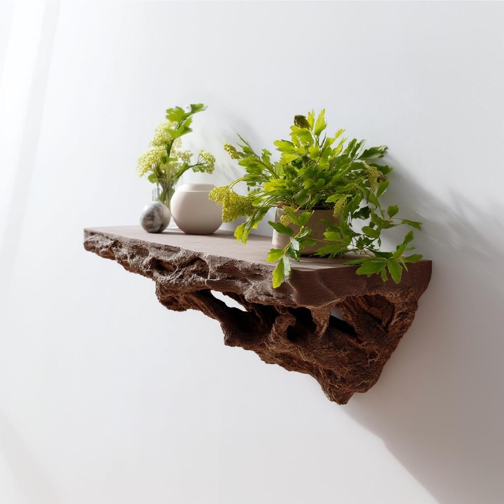 3D printed brown floating shelf with plants and vases, showcasing organic design and modern rustic decor.
