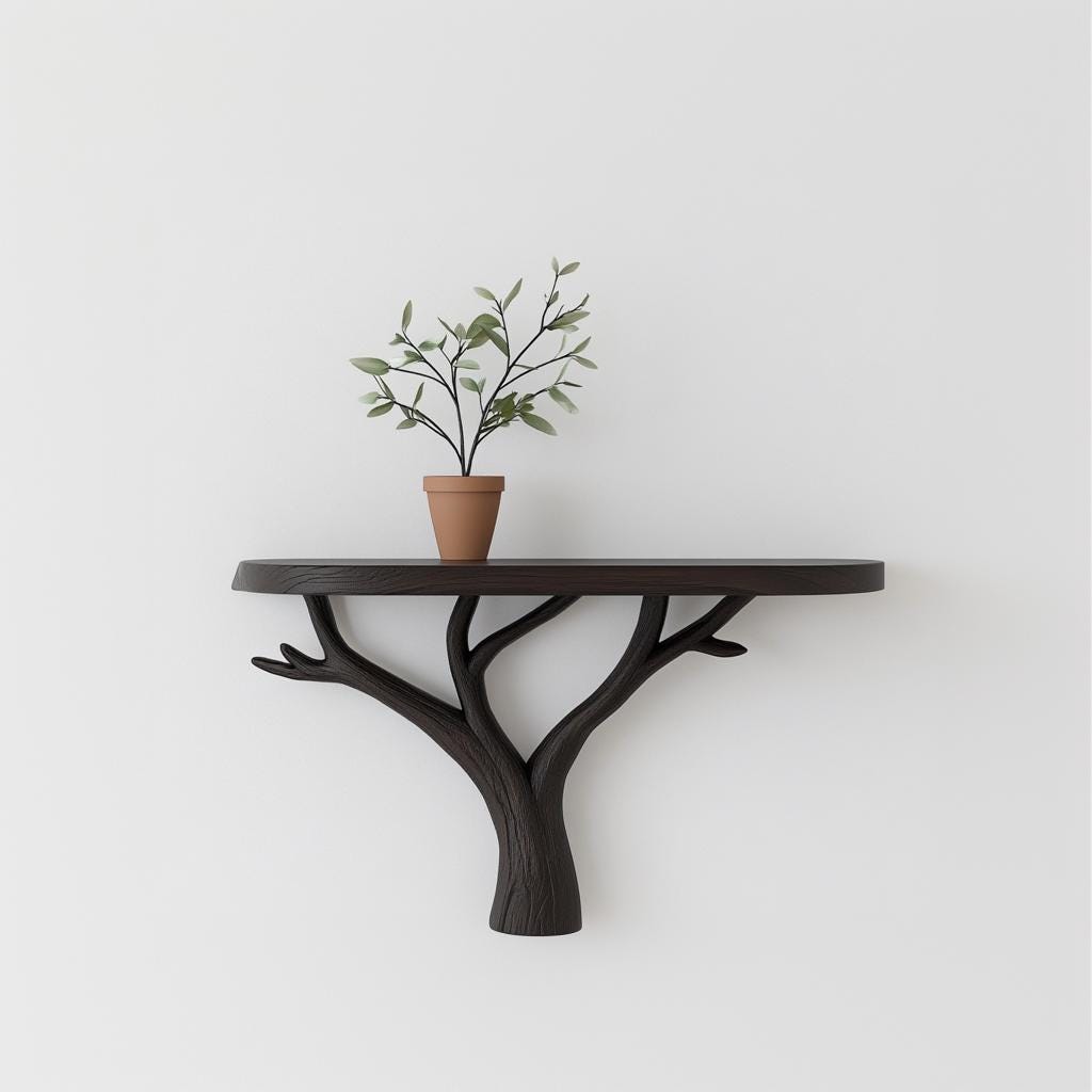 Tree branch wall shelf with plant pot, showcasing modern nature-inspired decor and minimalist design.
