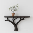 Tree branch wall shelf with a black matte finish and a potted plant, showcasing modern minimalist design.