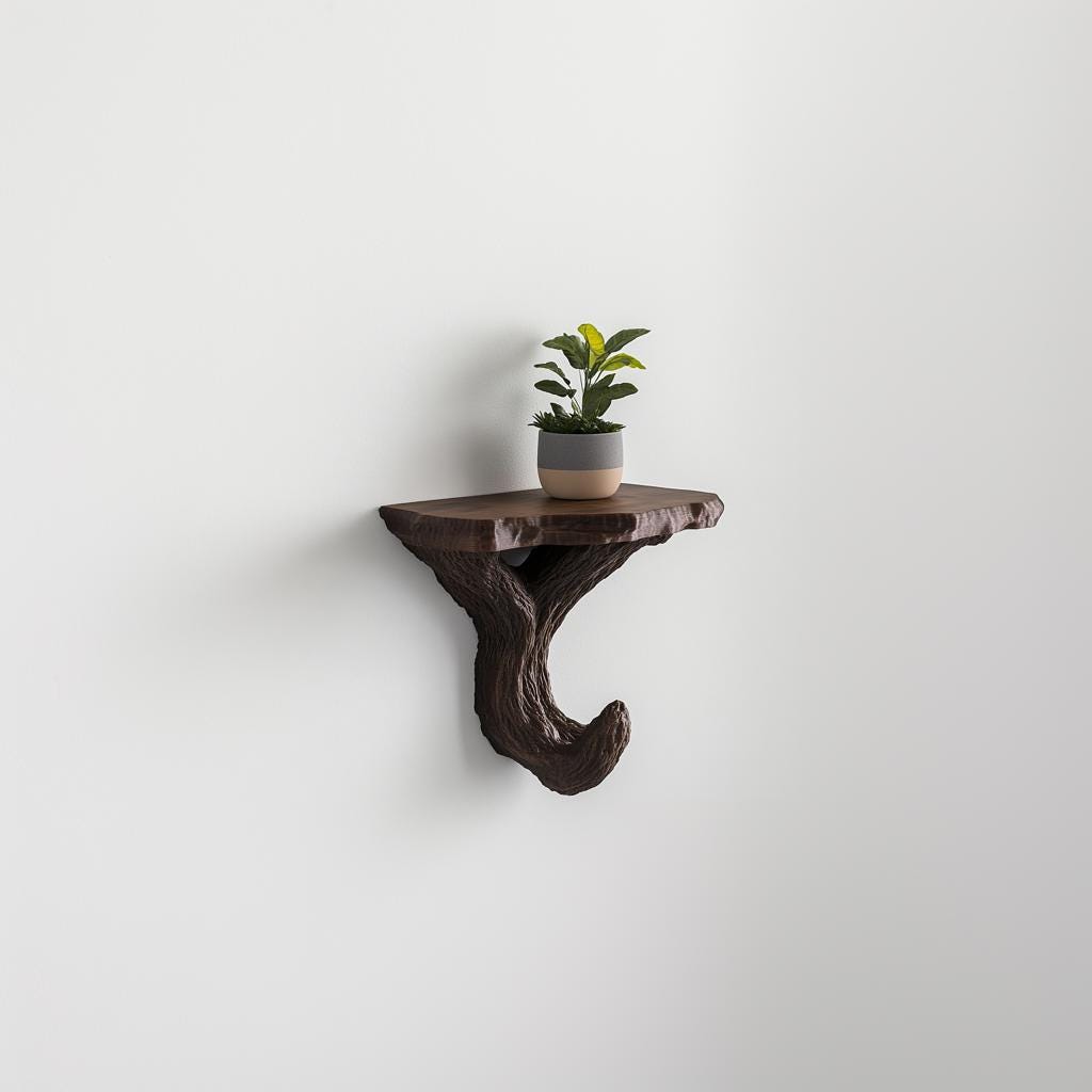 Tree-inspired wall shelf with a potted plant, showcasing minimalist design and natural elegance.