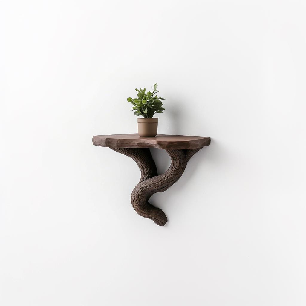 3D printed floating tree shelf with twisting vine design, featuring a small potted plant on a rustic wall decor.
