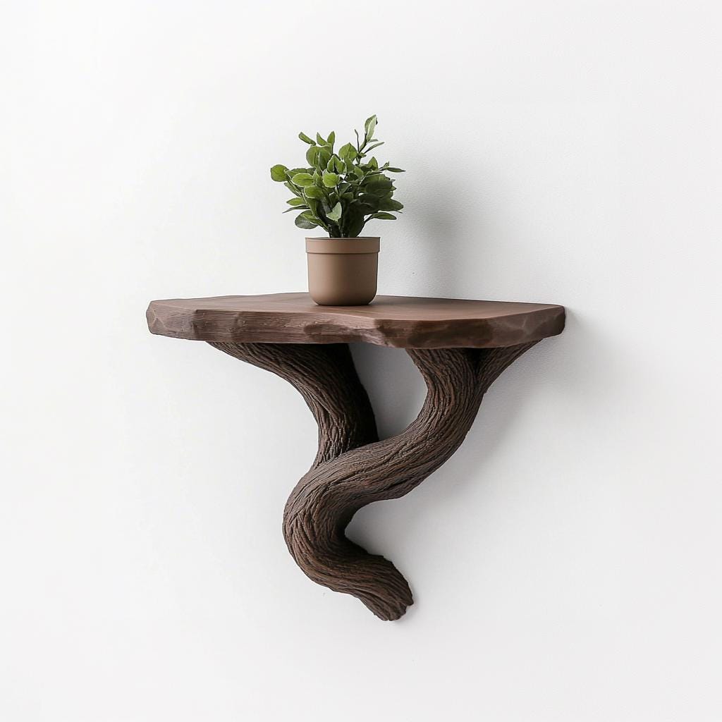3D printed floating wall shelf shaped like tree vines, showcasing a potted plant for rustic home decor.